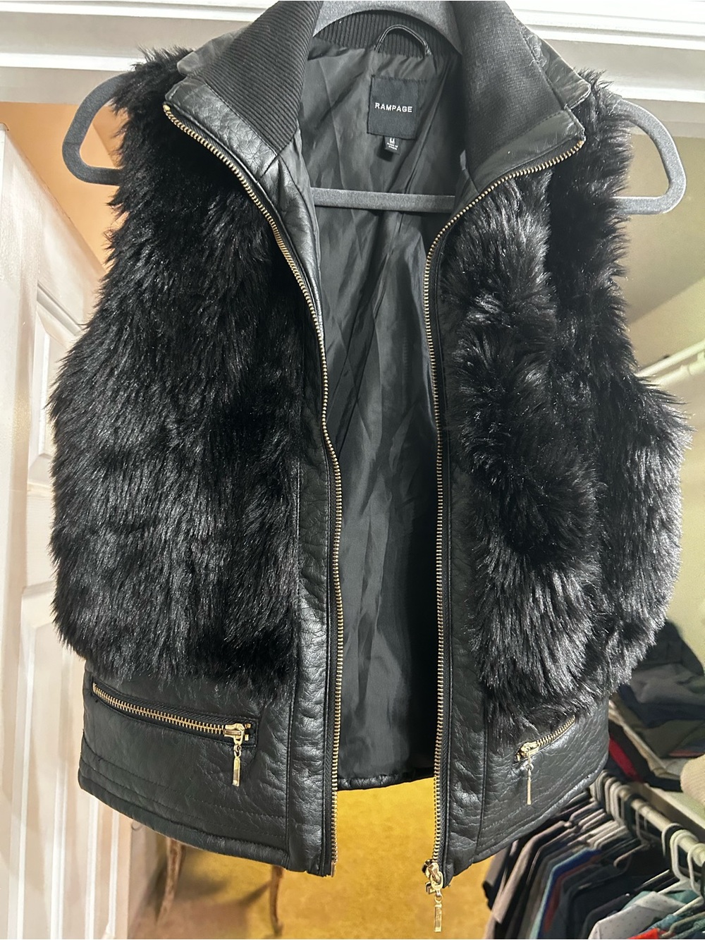 Rampage Black Faux Fur & Leather-Look Sleeveless Vest with Gold Zippers